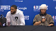 New York Knicks Mikal Bridges and Jalen Brunson address the media after their Game 4 win over the Boston Celtics in the Eastern Conference semifinals.