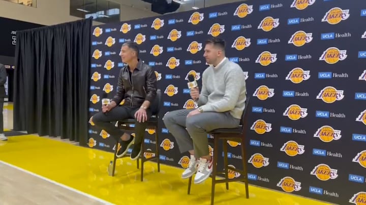 Luka Doncic and Los Angeles Lakers general manager Rob Pelinka address the media. Luka Doncic and Los Angeles Lakers general manager Rob Pelinka address the media.