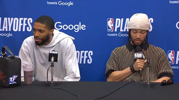 New York Knicks Mikal Bridges and Jalen Brunson address the media after their Game 4 win over the Boston Celtics in the Eastern Conference semifinals. New York Knicks Mikal Bridges and Jalen Brunson address the media after their Game 4 win over the Boston Celtics in the Eastern Conference semifinals.