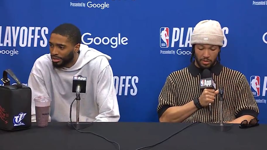 New York Knicks Mikal Bridges and Jalen Brunson address the media after their Game 4 win over the Boston Celtics in the Eastern Conference semifinals. | Via @sny_knicks on X