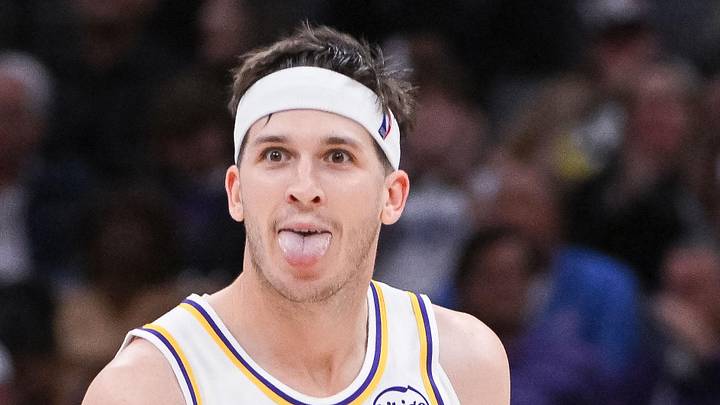 Oct 26, 2025; Sacramento, California, USA; Los Angeles Lakers guard Austin Reaves (15) reacts after making a three point shot against the Sacramento Kings during the fourth quarter at Golden 1 Center. Mandatory Credit: Ed Szczepanski-Imagn Images
