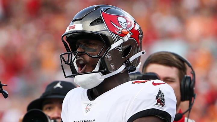 Sep 8, 2024; Tampa, Florida, USA; Tampa Bay Buccaneers wide receiver Jalen McMillan (15) and wide receiver Chris Godwin (14) celebrate a touchdown against the Washington Commanders in the third quarter  at Raymond James Stadium. Mandatory Credit: Nathan Ray Seebeck-Imagn Images