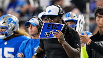 Detroit Lions defensive coordinator Kelvin Sheppard watches a play against LA Chargers during the second half of the Hall of Fame Game at Tom Benson Hall of Fame Stadium in Canton, Ohio on Thursday, July 31, 2025.