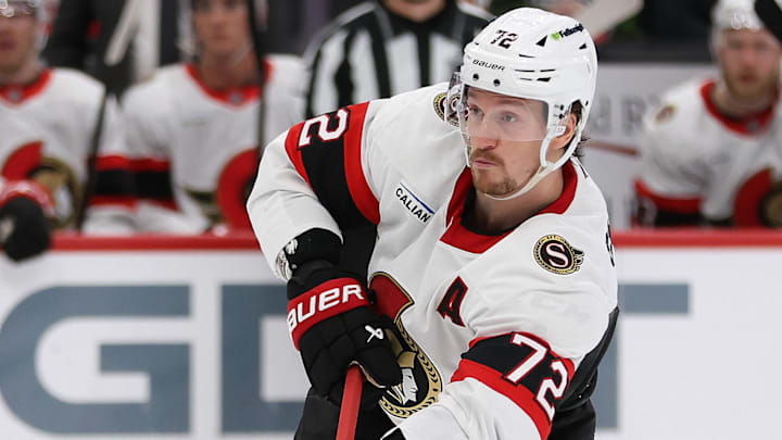 Mar 18, 2026; Washington, District of Columbia, USA; Ottawa Senators defenseman Thomas Chabot (72) controls the puck during the second period against the Washington Capitals at Capital One Arena. Mandatory Credit: Daniel Kucin Jr.-Imagn Images