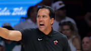 Apr 26, 2025; Miami, Florida, USA; Miami Heat head coach Erik Spoelstra signals from the sideline against the Cleveland Cavaliers in the third quarter during game three for the first round of the 2025 NBA Playoffs at Kaseya Center. Mandatory Credit: Sam Navarro-Imagn Images