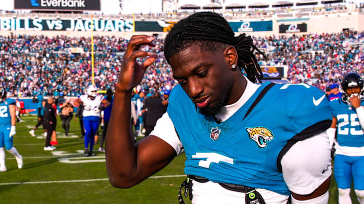 Jacksonville Jaguars wide receiver Brian Thomas Jr. (7) walks off the field after losing to the Bills during an NFL football AFC Wild Card playoff matchup, Sunday, Jan. 11, 2026, in Jacksonville, Fla. Bills lead 10-7 at the half over the Jaguars. The Bills defeated the Jaguars 27-24. 