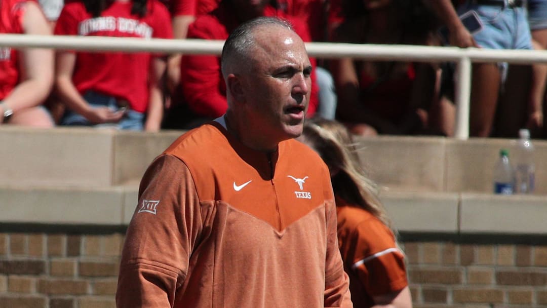 Sep 24, 2022; Lubbock, Texas, USA;  Texas Longhorns offensive coordinator Kyle Flood on the field before the game against the Texas Tech Red Raiders at Jones AT&T Stadium and Cody Campbell Field. Mandatory Credit: Michael C. Johnson-Imagn Images