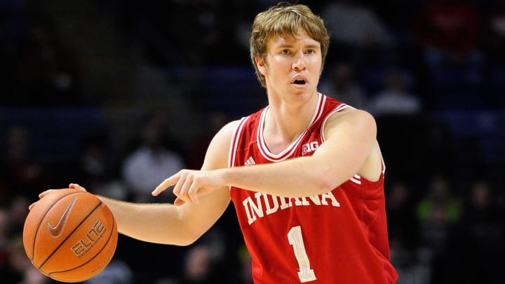 Indiana Hoosiers guard Jordan Hulls (1) calls a play during the second half against the Penn State Nittany Lions at the Bryce Jordan Center.  Indiana defeated Penn State 74-51.