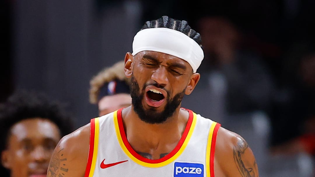 Hawks guard Nickeil Alexander-Walker reacts during game against the Hornets. Hawks guard Nickeil Alexander-Walker reacts during game against the Hornets.