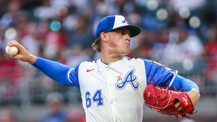 Sep 6, 2025; Cumberland, Georgia, USA; Atlanta Braves pitcher Hurston Waldrep (64) pitches the ball against the Seattle Mariners during the second inning at Truist Park. Mandatory Credit: Jordan Godfree-Imagn Images