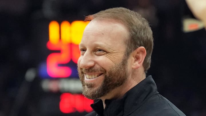 Nov 24, 2024; Sacramento, California, USA; Brooklyn Nets forward Cameron Johnson (2) and assistant coach Steve Hetzel (right) talk during the second quarter against the Sacramento Kings at Golden 1 Center. Mandatory Credit: Darren Yamashita-Imagn Images