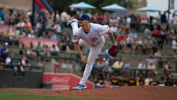 Cade Horton makes the first pitch of the South Bend Cubs vs. Fort Wayne TinCaps game at Four Winds Stadium in South Bend on June 23, 2023.