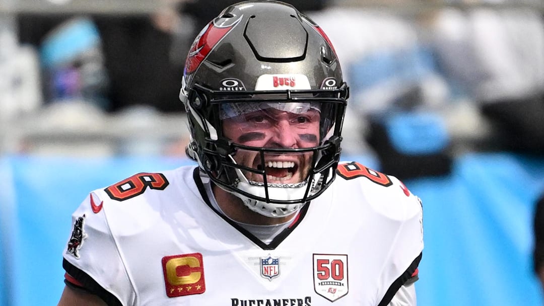Dec 21, 2025; Charlotte, North Carolina, USA; Tampa Bay Buccaneers quarterback Baker Mayfield (6) reacts after a touchdown during the first half against the Carolina Panthers at Bank of America Stadium. Mandatory Credit: Bob Donnan-Imagn Images