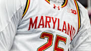 Maryland center Derik Queen (25) celebrates a play against Michigan during the second half of Big Ten Tournament semifinal at Gainbridge Fieldhouse in Indianapolis, Ind. on Saturday, March 15, 2025.
