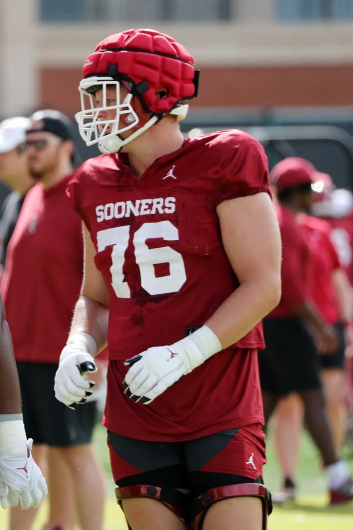 Jacob Sexton (76), Edmond, goes through drills as the University of Oklahoma Sooners (OU ) hold fall football camp outside Gaylord Family/Oklahoma Memorial Stadium on  Aug. 8, 2022 in Norman, Okla.  [Steve Sisney/For The Oklahoman]

cover small -- crop in on #76