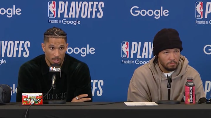 New York Knicks guards Josh Hart and Jalen Brunson meet with the media after the Knicks beat the Boston Celtics in Game 2 of the Eastern Conference semifinals.