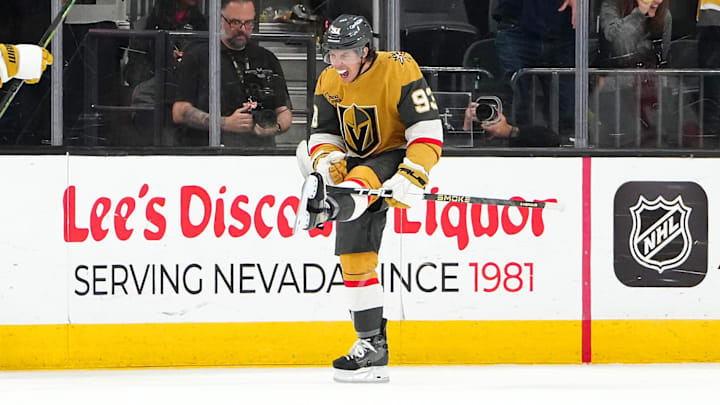Apr 2, 2026; Las Vegas, Nevada, USA; Vegas Golden Knights right wing Mitch Marner (93) celebrates after scoring his third goal of the game against the Calgary Flames during the third period at T-Mobile Arena. Mandatory Credit: Stephen R. Sylvanie-Imagn Images