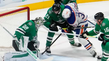 Feb 17, 2024; Dallas, Texas, USA; Dallas Stars goaltender Jake Oettinger (29) makes a save against the Edmonton Oilers during the third period at American Airlines Center. Mandatory Credit: Chris Jones-USA TODAY Sports