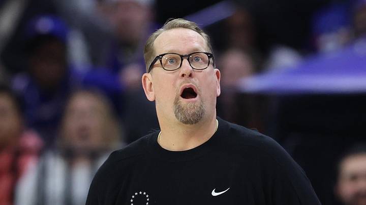 Feb 19, 2026; Philadelphia, Pennsylvania, USA; Philadelphia 76ers head coach Nick Nurse reacts to a last second shot attempt against the Atlanta Hawks during the third quarter at Xfinity Mobile Arena. Mandatory Credit: Bill Streicher-Imagn Images