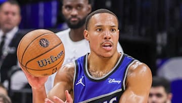 Orlando Magic guard Desmond Bane looks to pass during the second quarter against the Miami Heat