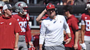Aug 31, 2024; Pullman, Washington, USA; Washington State Cougars head coach Jake Dickert looks on during a game against the Portland State Vikings in the first half at Gesa Field at Martin Stadium. Mandatory Credit: James Snook-USA TODAY Sports