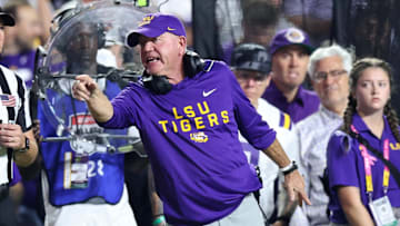 Oct 25, 2025; Baton Rouge, Louisiana, USA; Louisiana State Tigers head coach Brian Kelly during the first half against the Texas A&M Aggies at Tiger Stadium. Mandatory Credit: Stephen Lew-Imagn Images