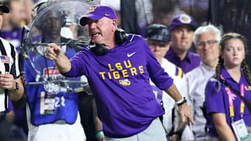 Oct 25, 2025; Baton Rouge, Louisiana, USA; Louisiana State Tigers head coach Brian Kelly during the first half against the Texas A&M Aggies at Tiger Stadium. Mandatory Credit: Stephen Lew-Imagn Images