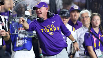 Oct 25, 2025; Baton Rouge, Louisiana, USA; Louisiana State Tigers head coach Brian Kelly during the first half against the Texas A&M Aggies at Tiger Stadium. Mandatory Credit: Stephen Lew-Imagn Images