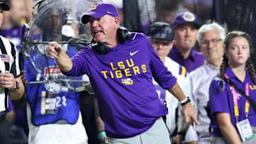 Oct 25, 2025; Baton Rouge, Louisiana, USA; Louisiana State Tigers head coach Brian Kelly during the first half against the Texas A&M Aggies at Tiger Stadium. Mandatory Credit: Stephen Lew-Imagn Images