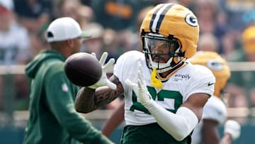 Green Bay Packers wide receiver Will Sheppard (82) participates in drills during practice on July 31, 2025, in Ashwaubenon, Wis.