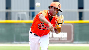 Pitching for the Orioles' Esteban Mejia (#45). The Florida Complex League, minor league team Baltimore Orioles plays at the Buck O'Neil Complex baseball field located at Twin Lakes Park in east Sarasota.