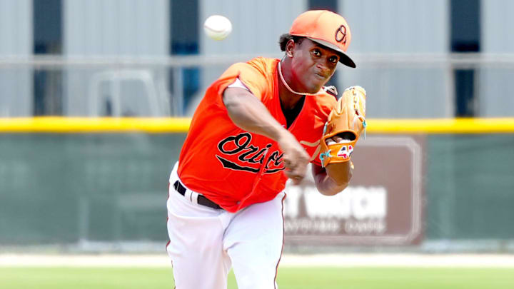 Pitching for the Orioles' Esteban Mejia (#45). The Florida Complex League, minor league team Baltimore Orioles plays at the Buck O'Neil Complex baseball field located at Twin Lakes Park in east Sarasota.