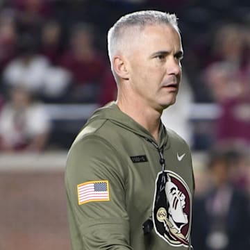 Nov 15, 2025; Tallahassee, Florida, USA; Florida State Seminoles head coach Mike Norvell before the game against the Virginia Tech Hokies at Doak S. Campbell Stadium. Mandatory Credit: Melina Myers-Imagn Images