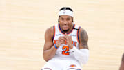 May 21, 2025; New York, New York, USA; New York Knicks guard Miles McBride (2) reacts in the fourth quarter against the Indiana Pacers during game one of the eastern conference finals for the 2025 NBA Playoffs at Madison Square Garden. Mandatory Credit: Wendell Cruz-Imagn Images