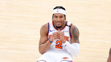 May 21, 2025; New York, New York, USA; New York Knicks guard Miles McBride (2) reacts in the fourth quarter against the Indiana Pacers during game one of the eastern conference finals for the 2025 NBA Playoffs at Madison Square Garden. Mandatory Credit: Wendell Cruz-Imagn Images