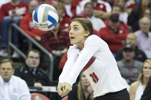 Nebraska Huskers libero/defensive specialist Kenzie Maloney (11) returns a Texas Longhorns serve at Nationwide Arena. 