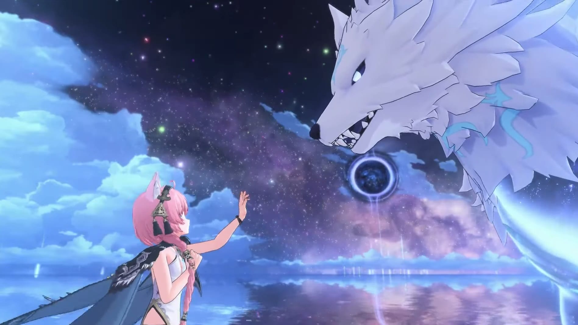 Azur Promilia trailer screenshot showing an anime-girl holding out her hand to a giant wolf.