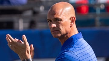 Florida Gators interim head coach Billy Gonzales claps it up during the first quarter in an NCAA football game, Saturday, Nov. 1, 2025, at EverBank Stadium in Jacksonville, Fla. [Corey Perrine/Florida Times-Union]