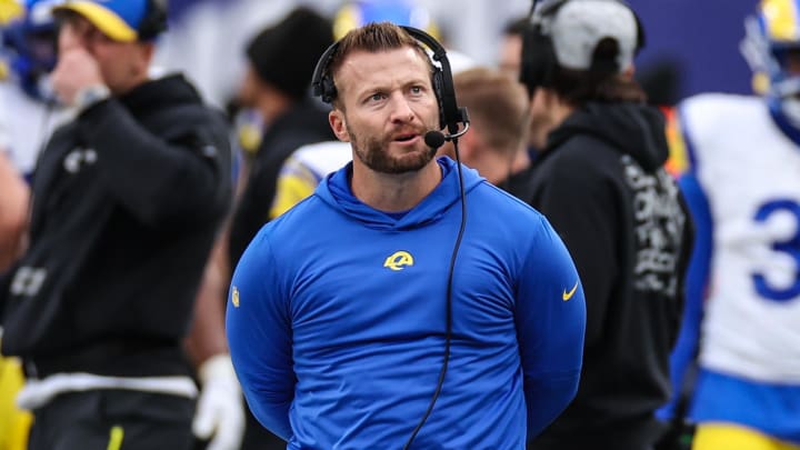 Dec 31, 2023; East Rutherford, New Jersey, USA; Los Angeles Rams head coach Sean McVay looks up during the first half against the New York Giants at MetLife Stadium. Mandatory Credit: Vincent Carchietta-USA TODAY Sports