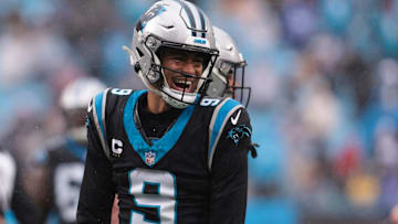 Nov 30, 2025; Charlotte, North Carolina, USA; Carolina Panthers quarterback Bryce Young (9) celebrates after a touchdown during the third quarter against the Los Angeles Rams at Bank of America Stadium.