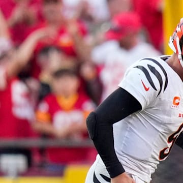 Cincinnati Bengals quarterback Joe Burrow (9) runs off the field after being sacked in the fourth quarter of the NFL Week 2 game between the Kansas City Chiefs and the Cincinnati Bengals at Arrowhead Stadium in Kansas City on Sunday, Sept. 15, 2024. The Chiefs took a 26-25 win with a go-ahead field goal as time expired.