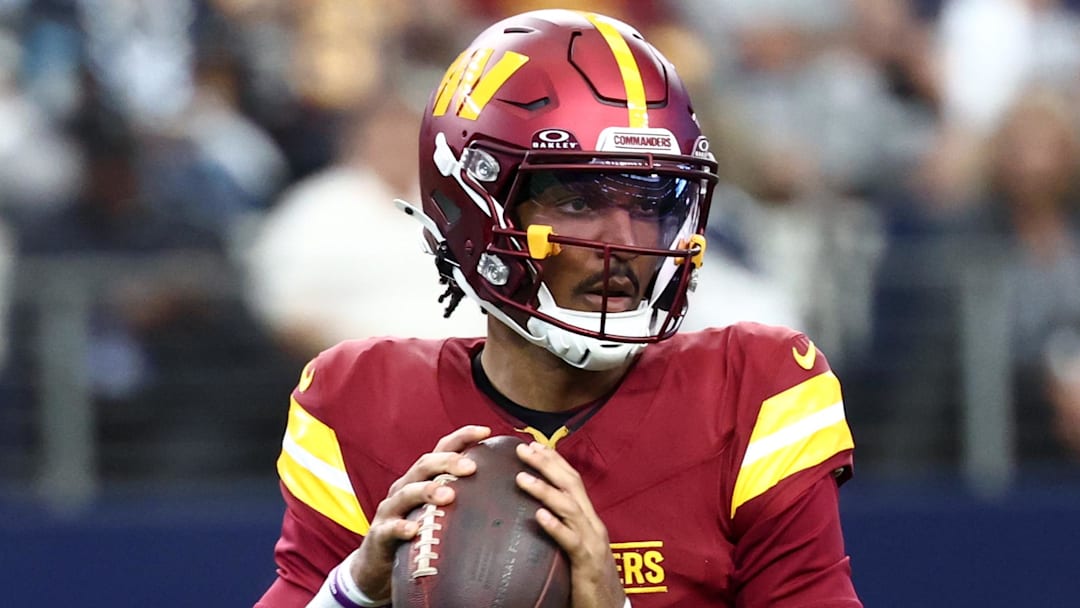 Oct 19, 2025; Arlington, Texas, USA; Washington Commanders quarterback Jayden Daniels (5) Mandatory Credit: Kevin Jairaj-Imagn Images