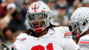 Ohio State Buckeyes defensive tackle Tyleik Williams (91) reacts after a defensive stop during the NCAA football game against the Purdue Boilermakers, Saturday, Oct. 14, 2023, at Ross-Ade Stadium in West Lafayette, Ind. Ohio State Buckeyes won 41-7.