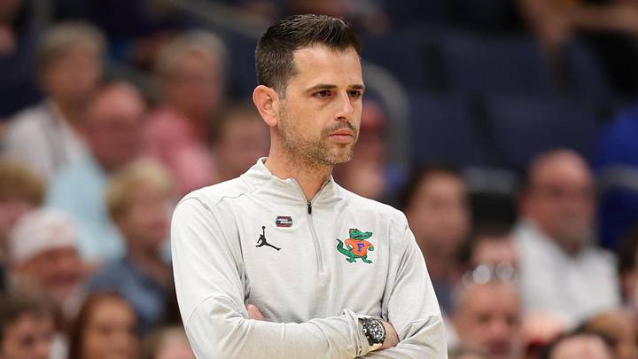 Mar 22, 2026; Tampa, FL, USA; Florida Gators head coach Todd Golden looks on against the Iowa Hawkeyes in the first half during a second round game of the men's 2026 NCAA Tournament at Benchmark International Arena. Mandatory Credit: Matt Pendleton-Imagn Images