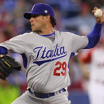 Italy starting pitcher Dan Serafini (29) delivers a pitch against Canada during first round pool play at the 2009 World Baseball Classic at the Rogers Centre in Toronto.