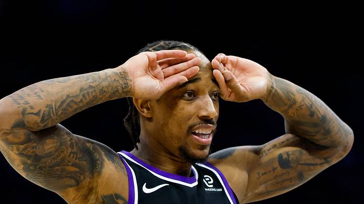  Sacramento Kings guard Demar DeRozan (10) reacts to a call against the Denver Nuggets during the third quarter at Golden 1 Center on Dec 11, 2025.