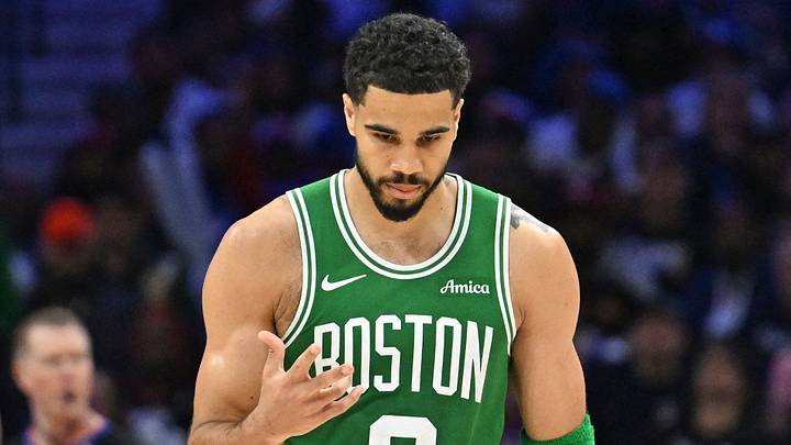 Apr 26, 2026; Philadelphia, Pennsylvania, USA; Boston Celtics forward Jayson Tatum (0) reacts after making a three point basket against the Philadelphia 76ers during the second half at Xfinity Mobile Arena. Mandatory Credit: Eric Hartline-Imagn Images