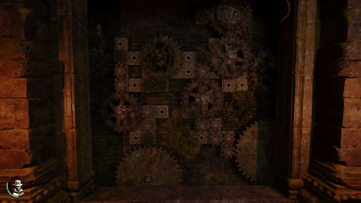 Indiana Jones and the Great Circle River Bank cogwheel puzzle solution.
