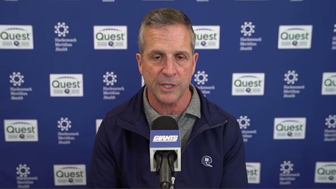 April 7: Giants head coach John Harbaugh speaks to reporters via a video call.