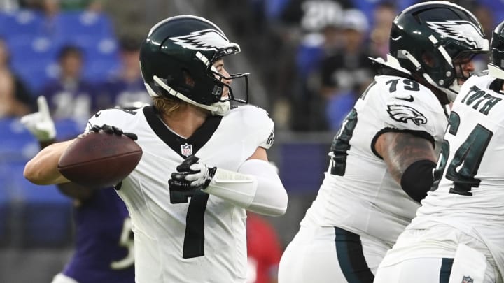 Aug 9, 2024; Baltimore, Maryland, USA;  Philadelphia Eagles quarterback Kenny Pickett (7) looks to pass from the pocket during the first quarter of a preseason game against the Baltimore Ravens at M&T Bank Stadium. Tommy Gilligan-USA TODAY Sports